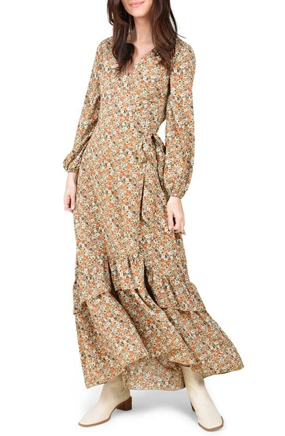 Shop Molly Bracken Boho Long Sleeve Wrap Maxi Dress In Khaki