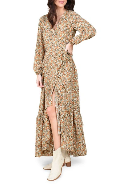 Shop Molly Bracken Boho Long Sleeve Wrap Maxi Dress In Khaki