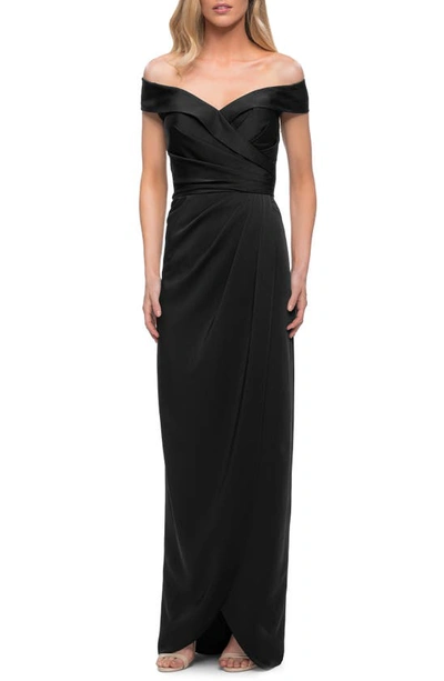 Shop La Femme Surplice Off The Shoulder Column Gown In Black