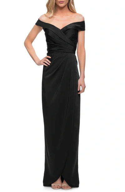 Shop La Femme Surplice Off The Shoulder Column Gown In Black