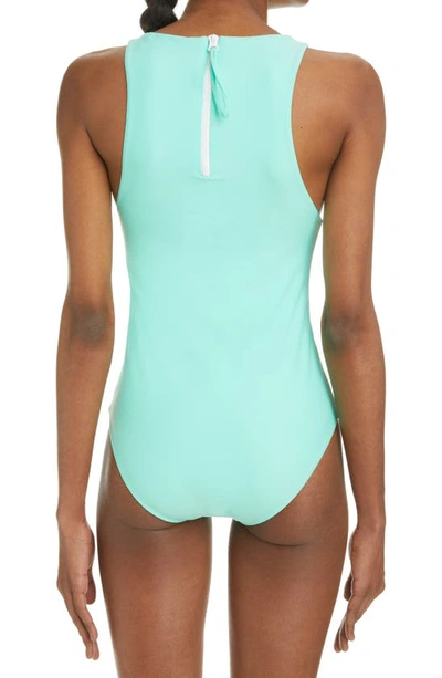 Shop Acne Studios Wegan Slogan Face One-piece Swimsuit In Soft Green