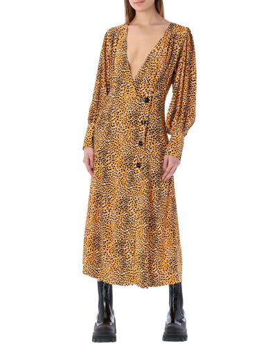 Shop Ganni Animal-print Asymmetric Midi Dress In Marigold Leo