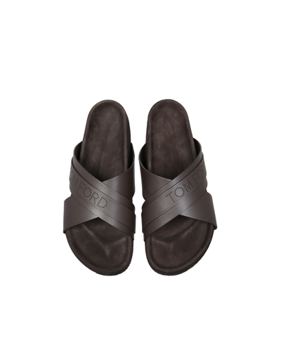 Shop Tom Ford Leather Slide Sandals In Brown