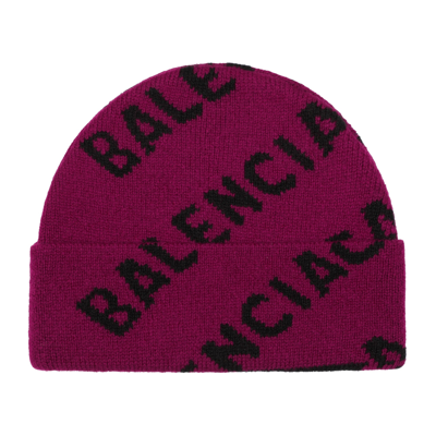 Shop Balenciaga Logo Intarsia Knit Beanie In Purple
