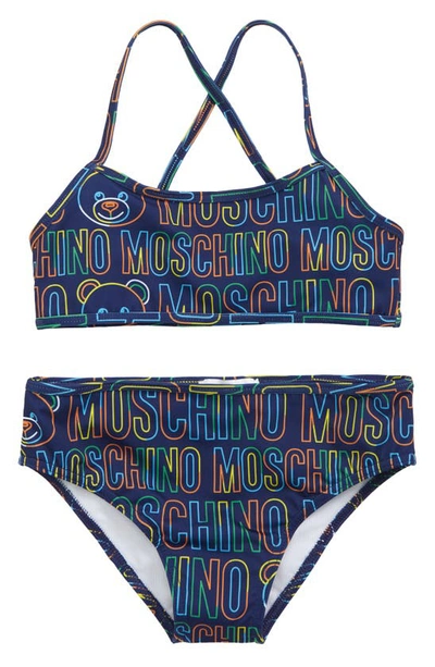 Shop Moschino Kids' Logo Print Two-piece Swimsuit In Navy Prnt