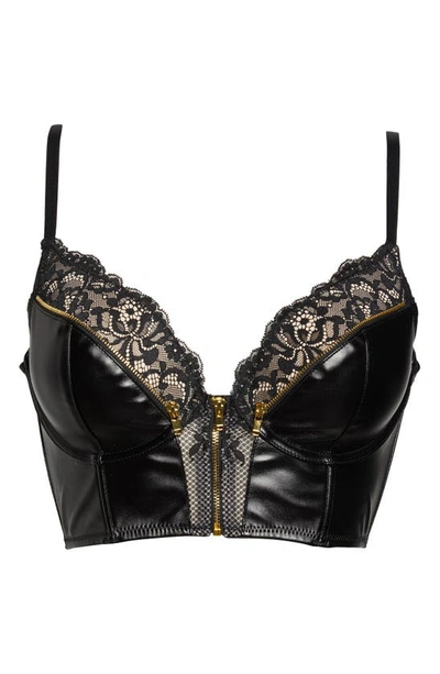 Hunkemoller Hunkemöller Talia Faux Leather & Lace Underwire Longline Push-up Bra In Caviar