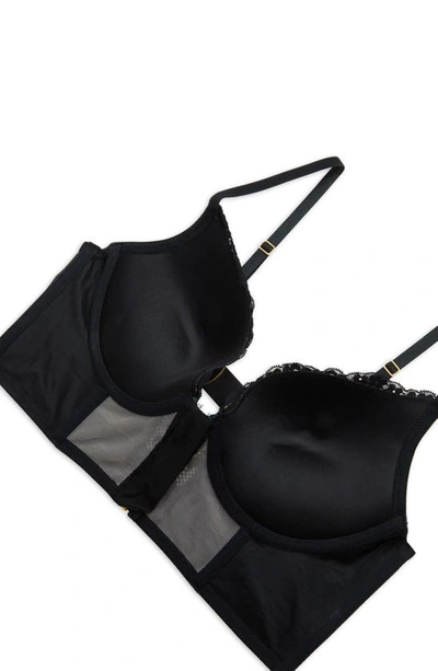 Shop Hunkemoller Talia Faux Leather & Lace Underwire Longline Push-up Bra In Caviar