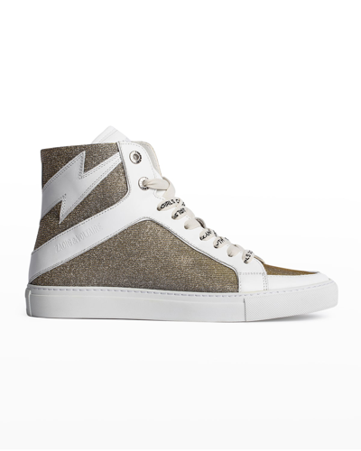 Zadig & Voltaire Zv1747 High Flash Glitter Leather And Mesh High-top Trainers In Silver