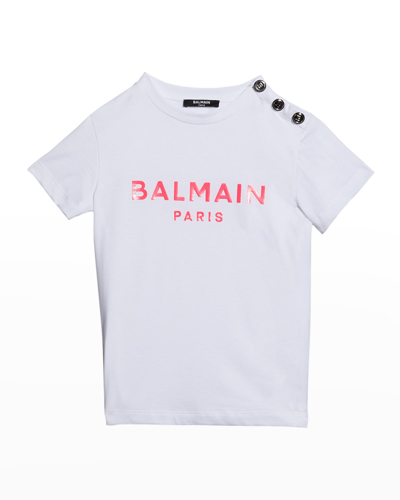 Shop Balmain Girl's Neon Logo Cotton T-shirt In 100fu Whitefuschi