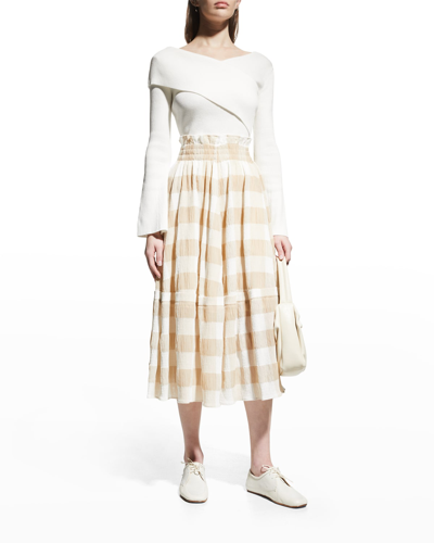 Shop Adeam Crocus Check Tiered Midi Skirt In Beige/white