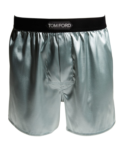 Shop Tom Ford Men's Silk Jacquard Logo Boxers In Seafoam