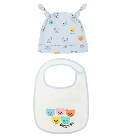 Shop Moschino Baby Printed Cotton Bib And Hat Set In Blue Bell Toy Heads