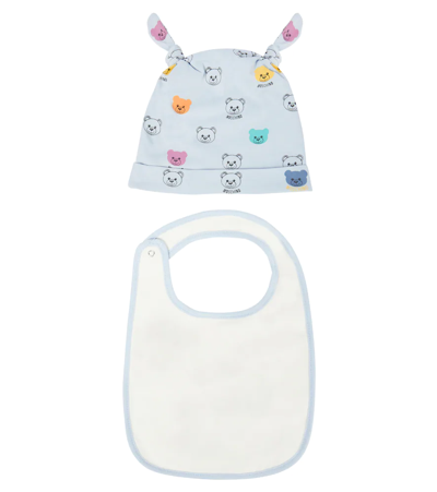 Shop Moschino Baby Printed Cotton Bib And Hat Set In Blue Bell Toy Heads