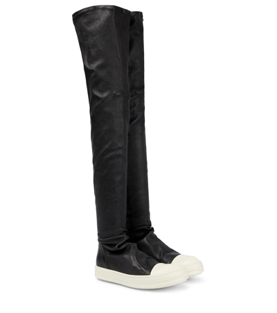 Rick Owens Black Knee-high Sneakers With Platform In Leather Woman In Black/milk/milk