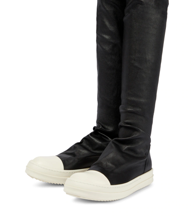 Rick Owens Black Knee-high Sneakers With Platform In Leather Woman In Black/milk/milk