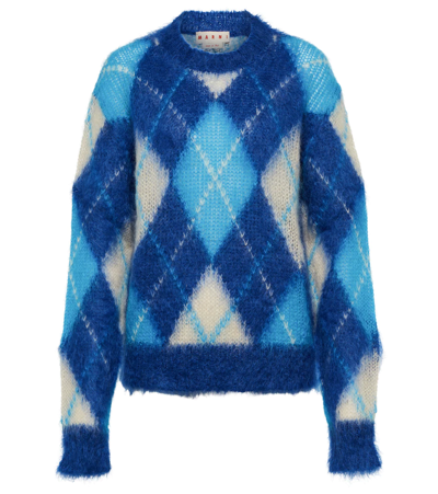Shop Marni Argyle Mohair-blend Sweater In Ocean
