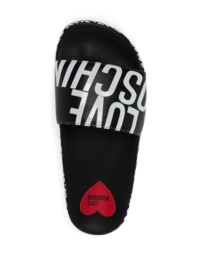 Shop Love Moschino Logo-print Faux-leather Slides In Black