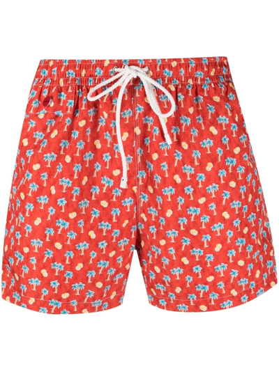 Shop Kiton Patterned Drawstring Swim Shorts In Red