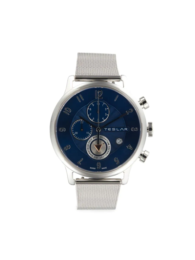 Shop Teslar Men's 42mm Stainless Steel Chronograph Mesh Bracelet Watch In Sapphire