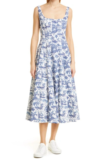 Shop Staud Wells Abstract Print Stretch Cotton Midi Dress In China Blue Toile
