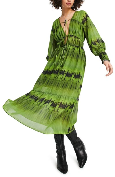 Shop Topshop Tie Dye Long Sleeve Tiered Midi Dress In Mid Green