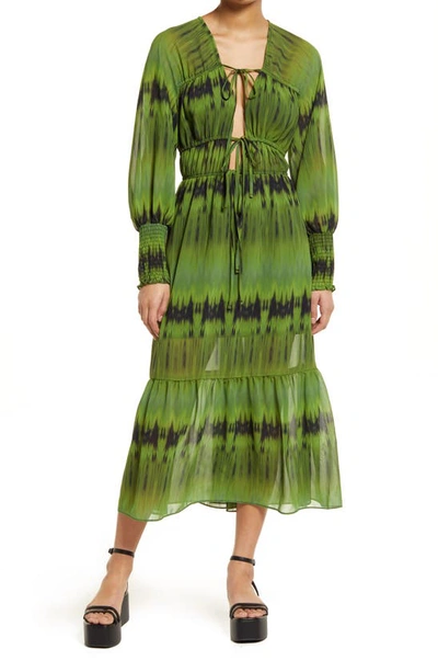 Topshop Tie Dye Long Sleeve Tiered Midi Dress In Green | ModeSens