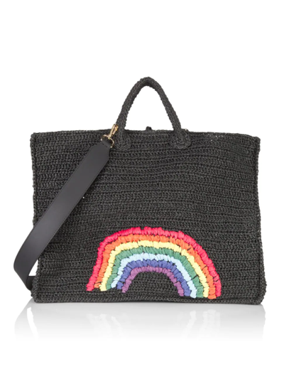 Shop Mehry Mu Women's Large Raffia Embroidered Rainbow Tote In Black
