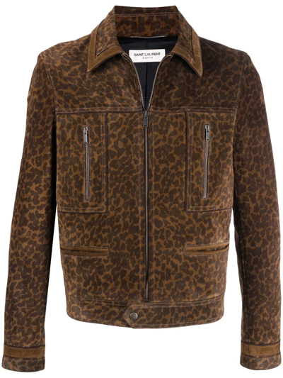 Shop Saint Laurent Leopard-print Suede Jacket In Brown