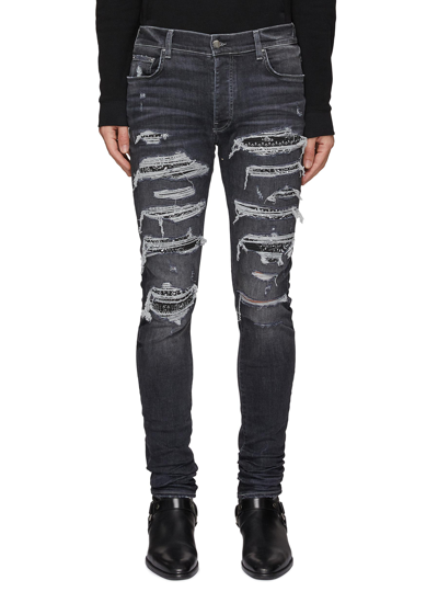 Shop Amiri 'thrasher' Bandana Lined Distress Skinny Denim Jeans In Grey