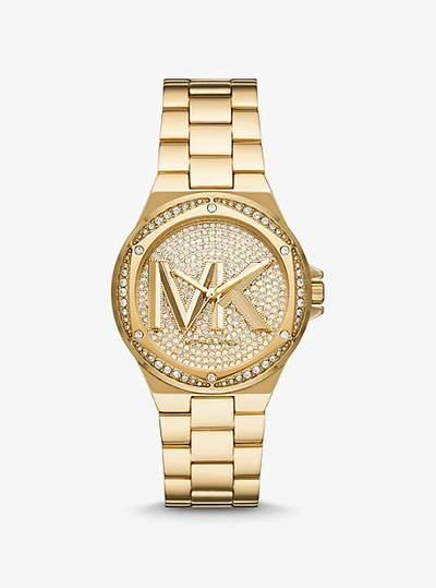 Shop Michael Kors Lennox Pavé Logo Gold-tone Logo Watch