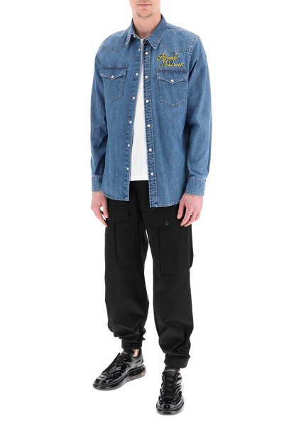 Shop Alexander Mcqueen Denim Shirt With Embroidered Logo In Blue