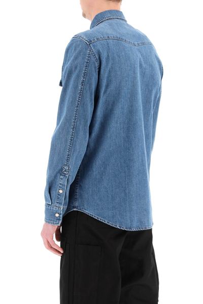 Shop Alexander Mcqueen Denim Shirt With Embroidered Logo In Blue