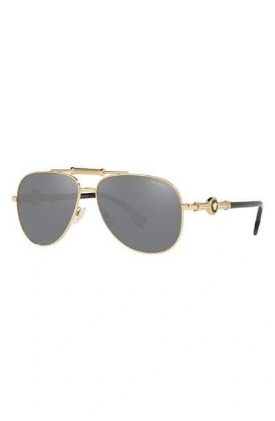 Shop Versace 59mm Polarized Aviator Sunglasses In Gold/ Polarized Grey