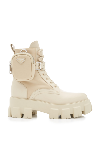 Shop Prada Monolith Leather And Nylon Combat Boots In Neutral