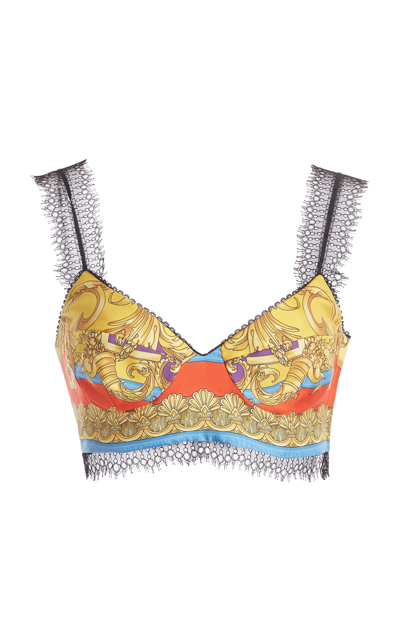 Shop Versace Women's Lace-trimmed Heritage-print Silk Twill Bra Top