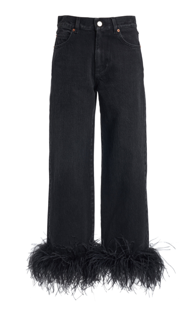 Shop Valentino Feather-trimmed Rigid High-rise Straight Cropped Jeans In Black