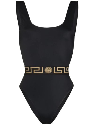 Shop Versace Greca Border Swimsuit In Black