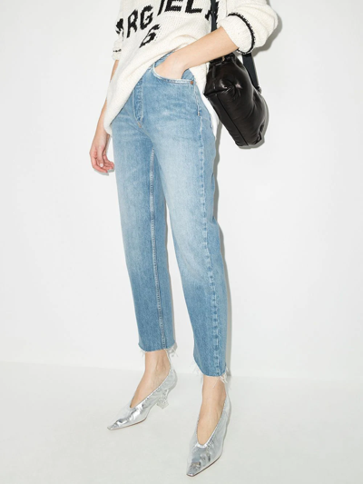 Re/done 70s High Rise Stove Pipe Distressed Straight-leg Jeans In Blue