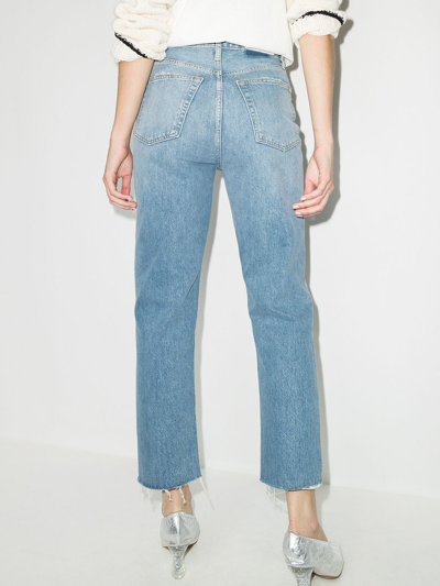 Re/done 70s High Rise Stove Pipe Distressed Straight-leg Jeans In Blue