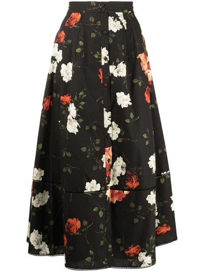 Shop Erdem Floral-print Pleated Skirt In Black