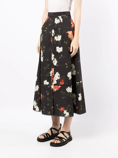 Shop Erdem Floral-print Pleated Skirt In Black