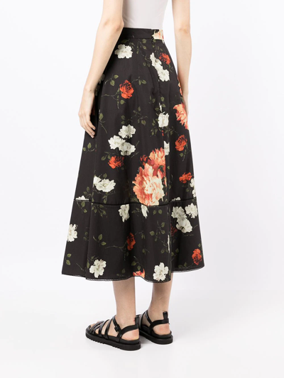 Shop Erdem Floral-print Pleated Skirt In Black