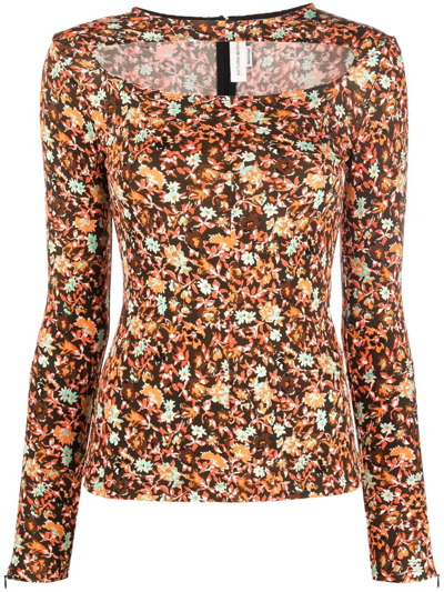 Shop Victoria Beckham Floral-print Cut-out Top In Brown