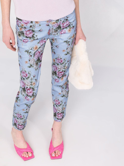 Shop Dsquared2 Floral-print Skinny Trousers In Blue