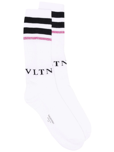 Shop Valentino Stripe Detailed Vltn Socks In White