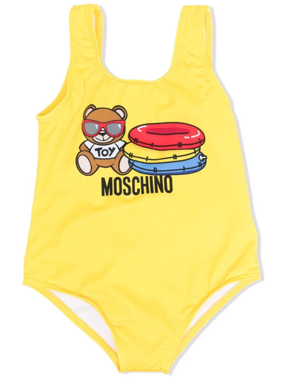 Shop Moschino Logo-print Scoop-neck Swimsuit In Yellow