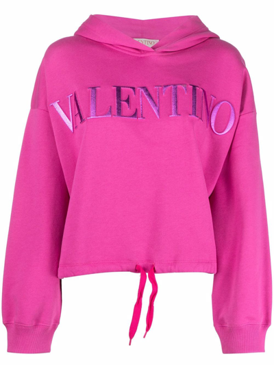 Valentino Metallic Puffy Logo Cropped Hoodie In Med Pink | ModeSens