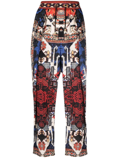 Shop Balmain Abstract Pattern-print Cropped Trousers In Red