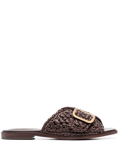 Shop Tod's Buckle-detail Woven Slides In Braun