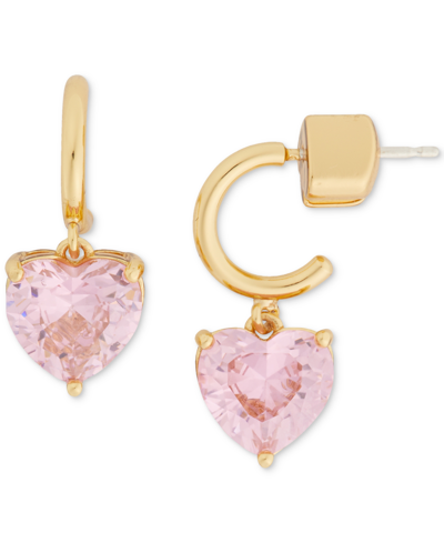 Shop Kate Spade Gold-tone Heart Charm Huggie Hoop Earrings In Pink